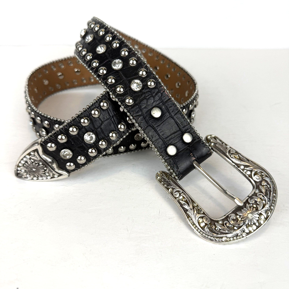 VTG Nacona Western Belt Size M Black Croc Embossed Rhinestone Cowgirl Bling